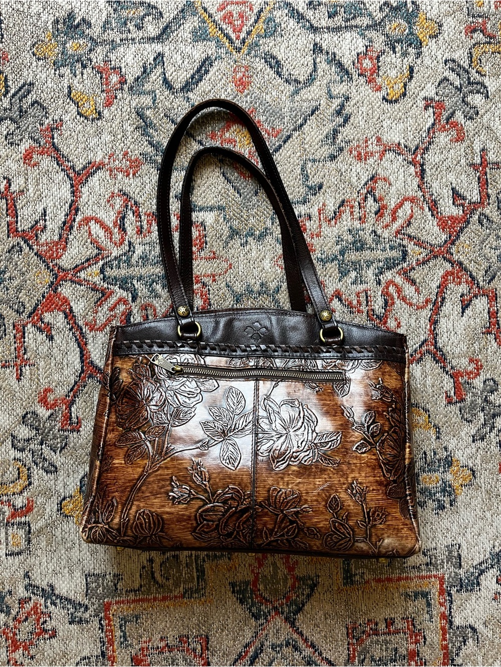Patricia Nash Embossed Floral Brown Leather Shoulder Bag